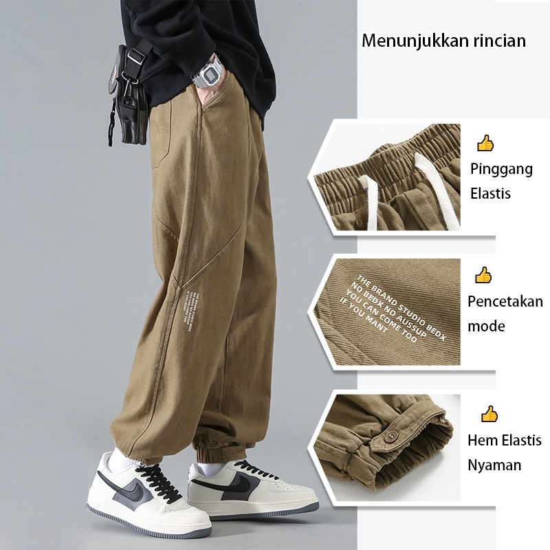 Celana cargo Fashion korea celana joger pria lurus loose pants pria celana kasual Fashion korea celana olahraga running hitam Pinggang Elastis celana panjang pria