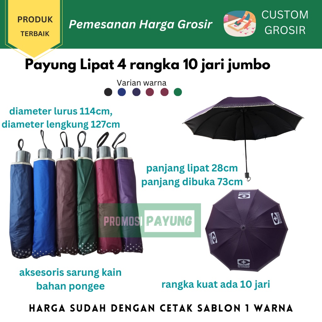 [ PAYUNG CUSTOM GROSIR ] payung lipat rangka 10 jari besar jumbo dalam hitam dengan CETAK SABLON 1 WARNA