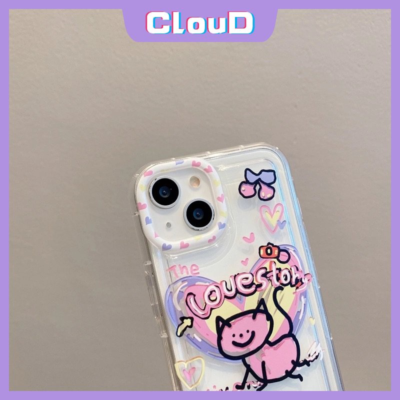 IPHONE Lucu Kartun Cinta Hati Kucing Ponsel Jernih Case Kompatibel Untuk Iphone11 13 12 14 Pro Max7 8 6s 6 Plus XR X XS Max SE 2020 Lembut Silicon TPU Airbag Shockproof Ins Graffiti Cover