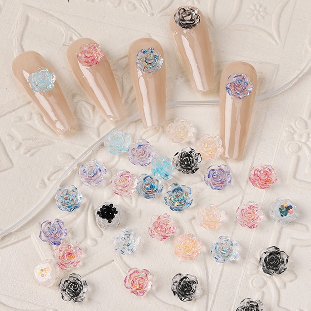 50pcs/bag Modis 3D Mix Warna Hiasan Kuku Stereo Transparan Camellia Nail Decoration Nail Art Decal Aksesoris Kuku