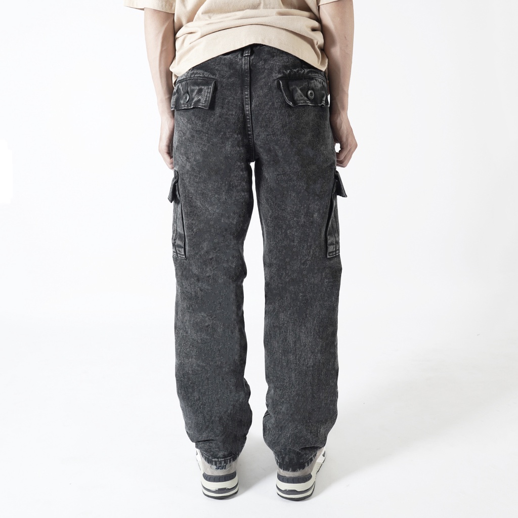 Pluviophile - Long Cargo pants jeans Celana cargo jeans loose fit  Reguler Standard Black Sandwash