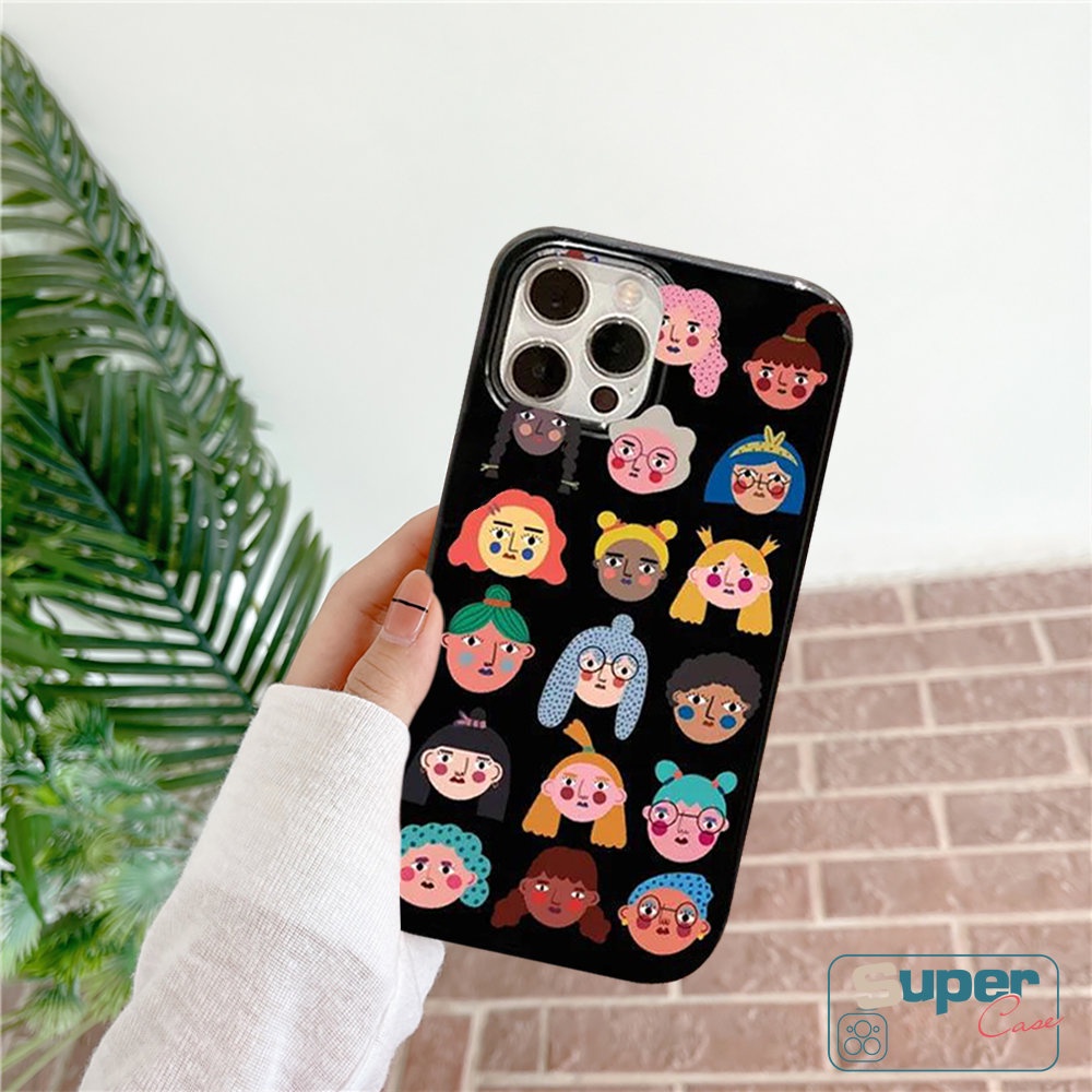 Ins Fashion Creative Case Kompatibel Untuk IPhone 7Plus 8Plus XR 14 11 13 12 Pro Max 7 8 14 Plus X XS Max SE 2020 Kartun Avatar Lucu Glossy Halus Lembut TPU Hitam Cover