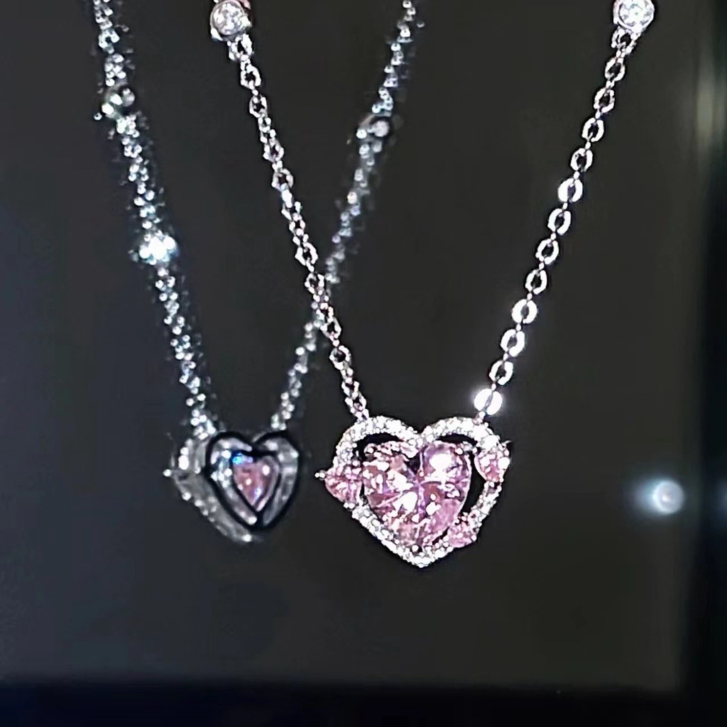 Pandora Kalung925 Perak Pink Cubic Zirconia Berlian Hati Liontin Kalung Wanita Fashion Perhiasan Aksesoris