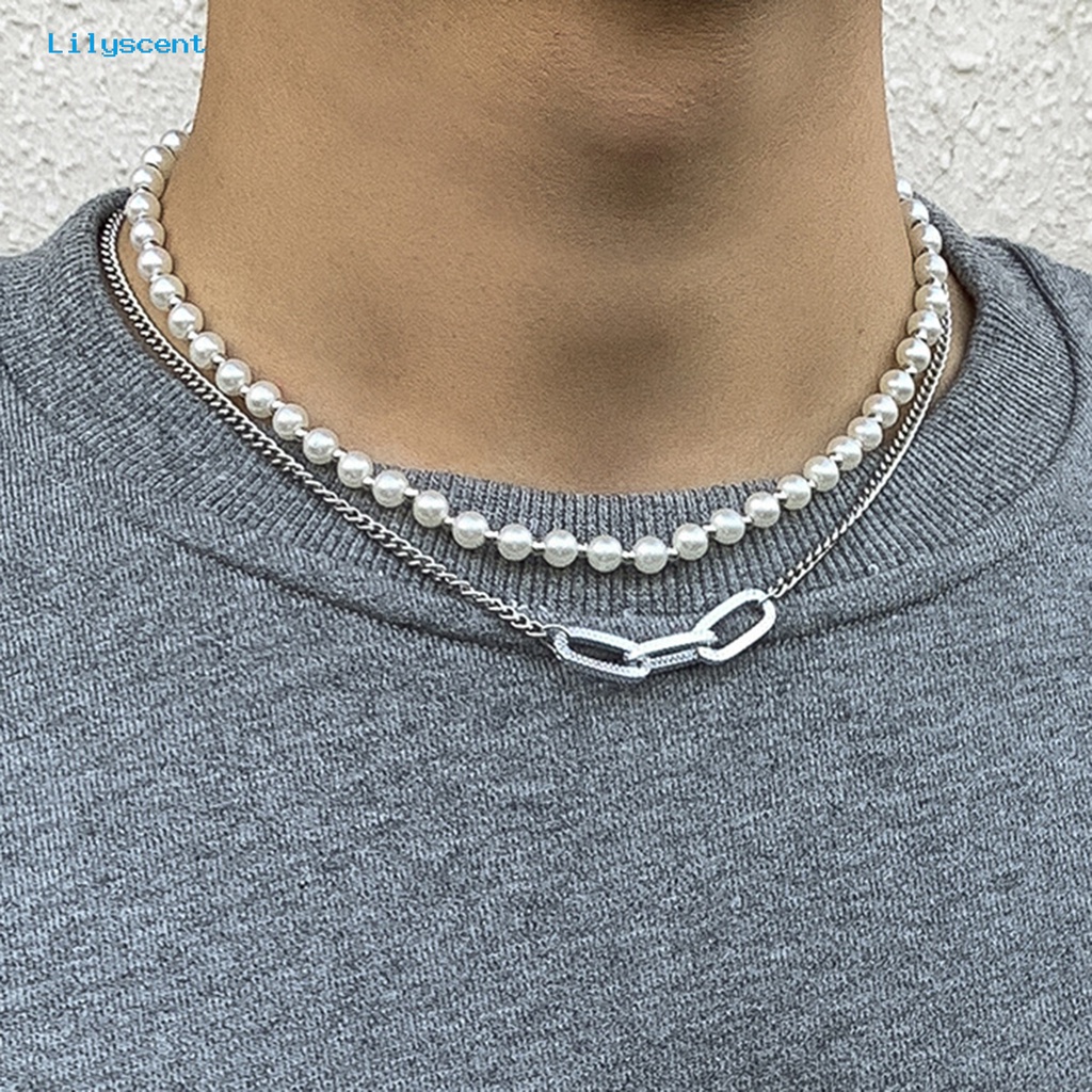 [LS] Kalung Pria Hias All-match Kalung Choker Mutiara Imitasi Geometris Dua Lapis Untuk Pakaian Sehari-Hari