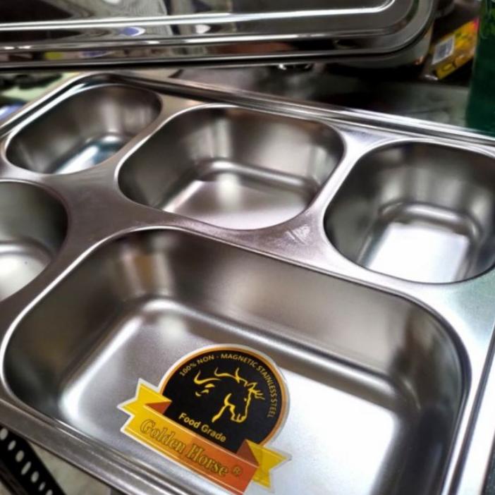 ☂ Plato / Food Tray / Piring / Tempat Makan Sekat 5 + Tutup Stainless ➹