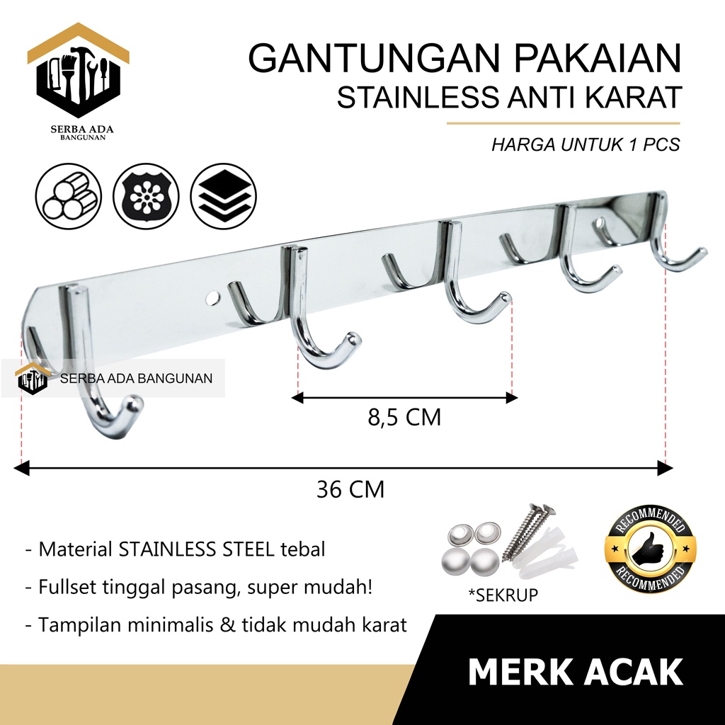 Gantungan Dinding baju Pakaian 5 kaitan Stainless Anti Karat Murah Minimalis Bagus