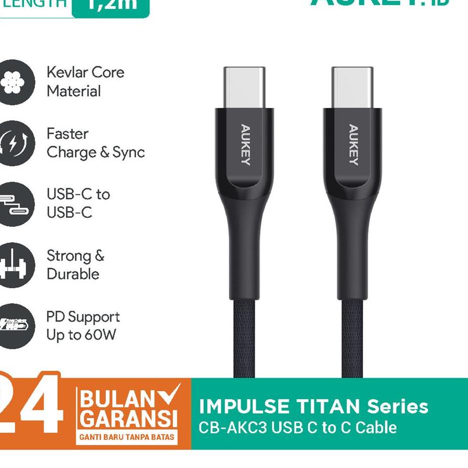 ✲ Kabel Charger Type C Aukey CB-AKC3 1.2m Kevlar Black -  ➢