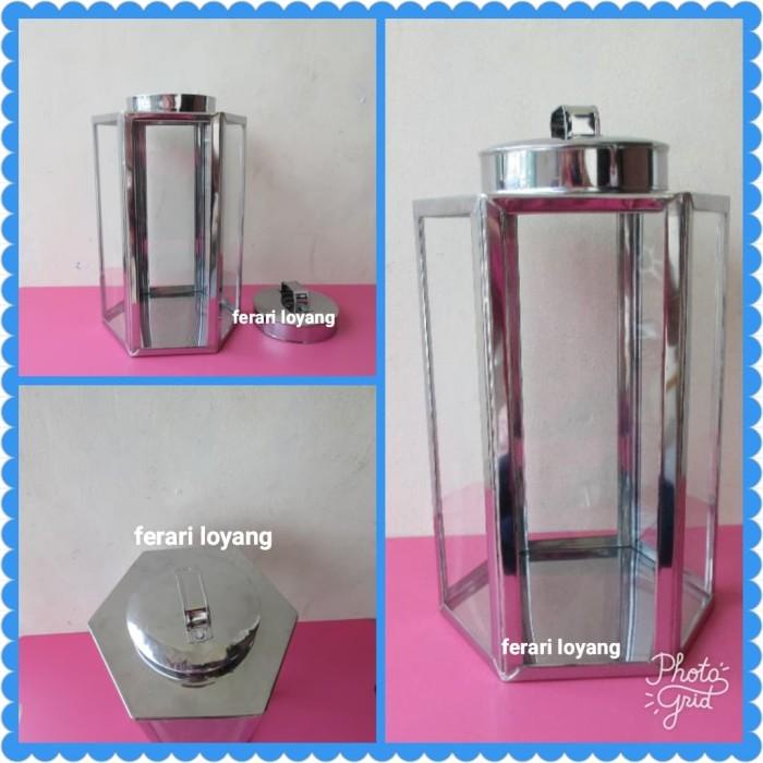Kaleng Krupuk Stainless/Kaleng Kaca/ Segi Enam/Souvenir Uk 25 X 20 046