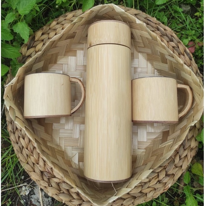 Set Cangkir Bambu dengan Termos Tumbler Botol Gelas Bambu Polos Murah Grosir Antik Food Grade