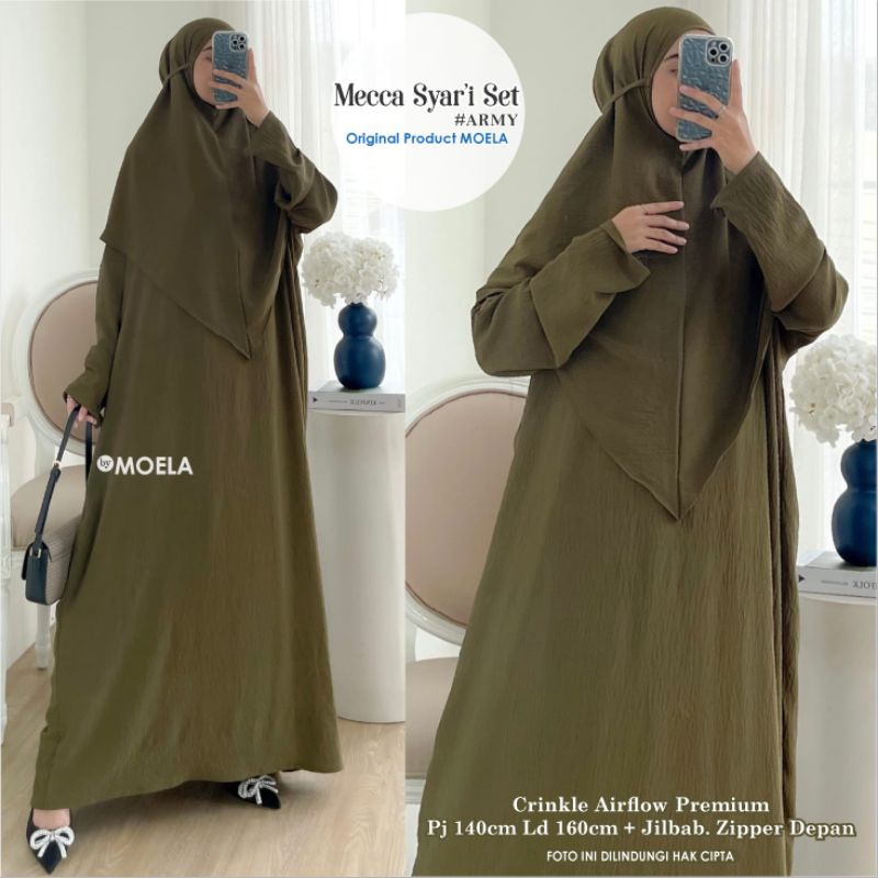 Moela Berlabel Mecca Syari Set Polos Crinkle Airflow Zipper Depan Menyusui Premium Pakaian Muslim Wa