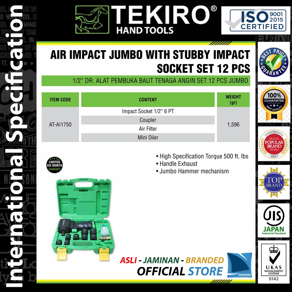 Kunci Sok Angin Palu JUMBO Isi 12 pcs Mata Sock Pukul / Air Impact Stubby Socket TEKIRO