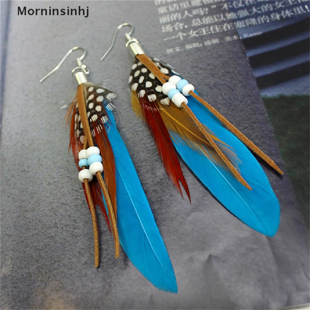 Mornin Fashion Rumbai Menjuntai Anting Bulu Manik Kulit Anting Indian Feathers id