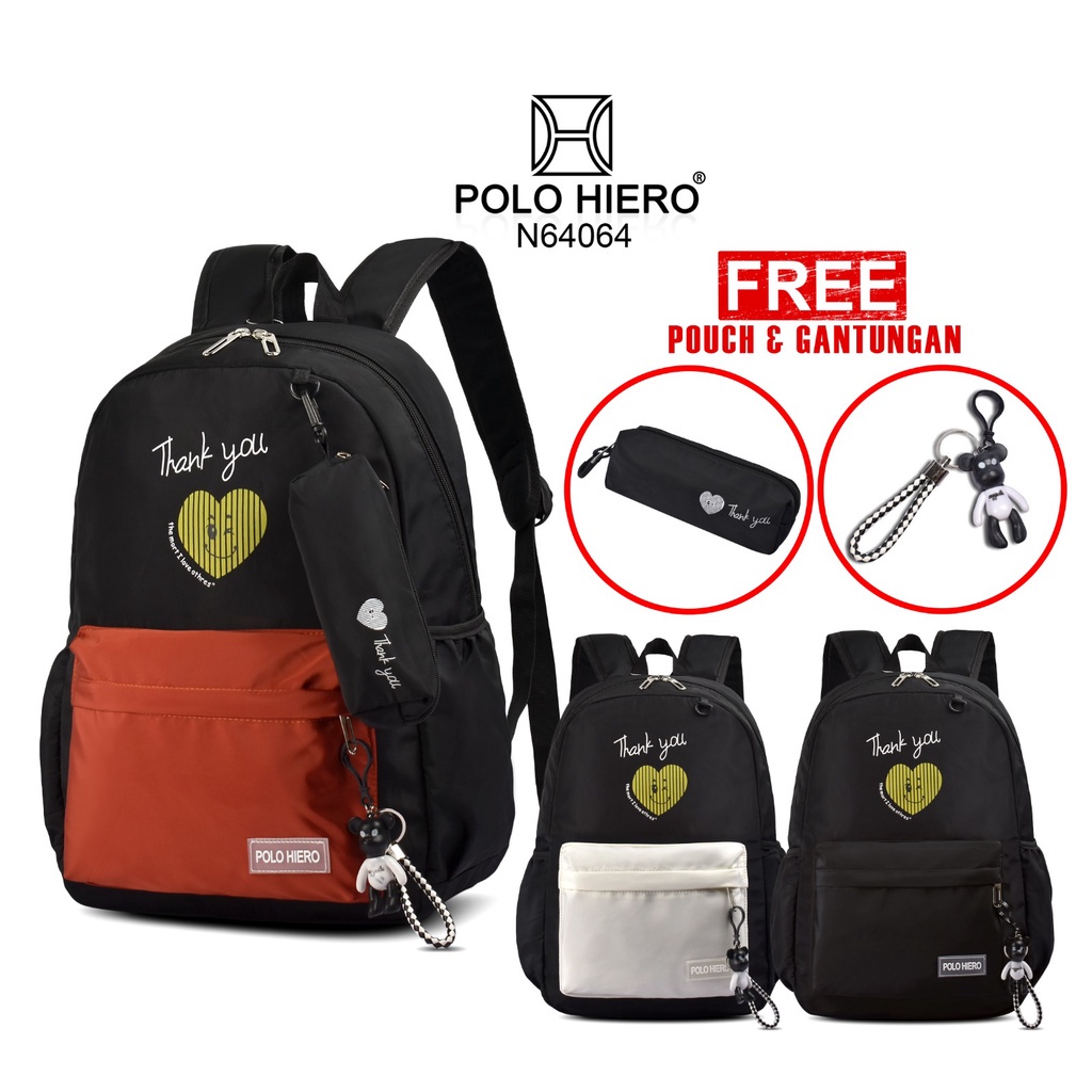 Tas Polo Hiero N64064 Tas Sekolah Wanita Tas Punggung Ransel Backpack Casual Free Gantungan Tas &amp; Pouch