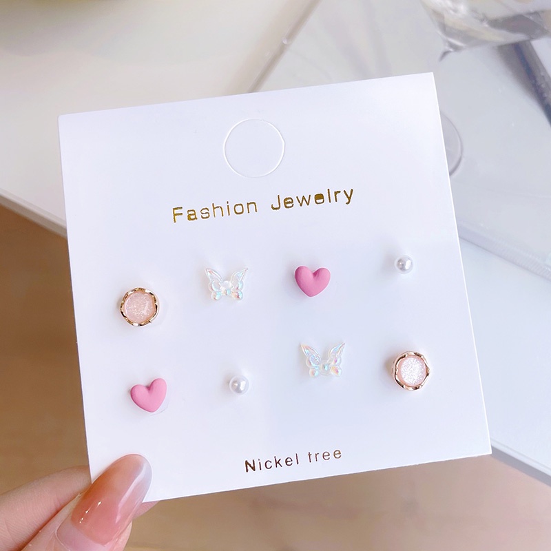 4pasang/set Set Anting Tusuk Fashion Alloy Butterfly Heart Round Untuk Wanita