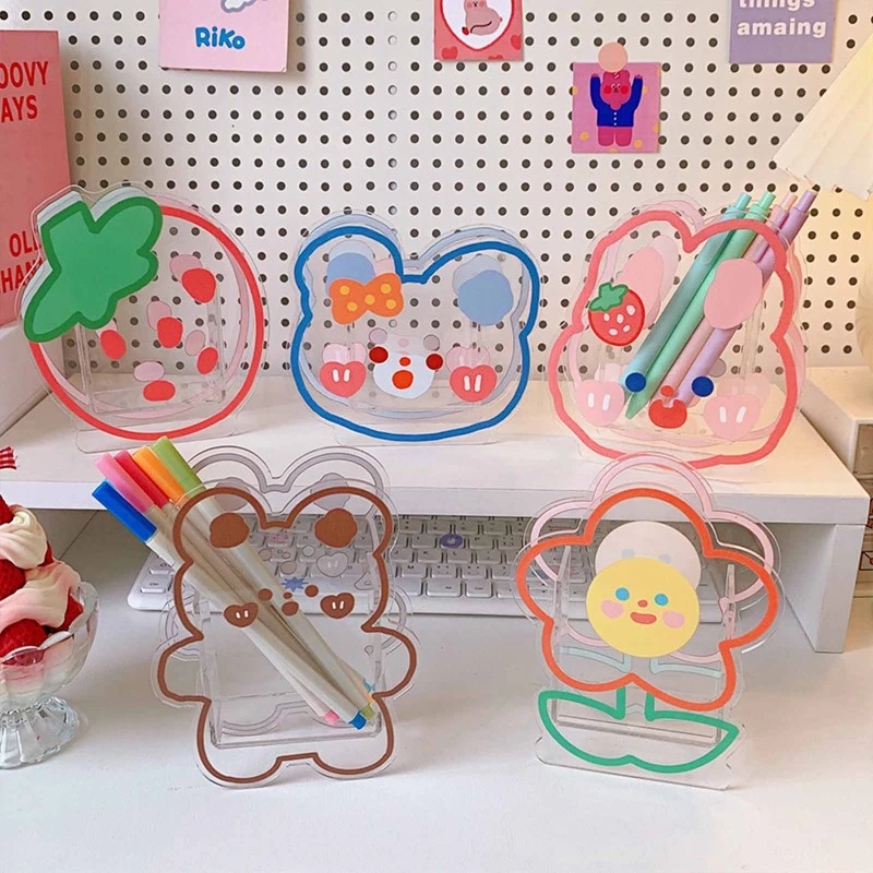 Kawaii Transparan Akrilik Tempat Pulpen Desktop Organizer INS Baru Fashion Lucu Beruang Kelinci Kotak Penyimpanan Alat Tulis Kantor