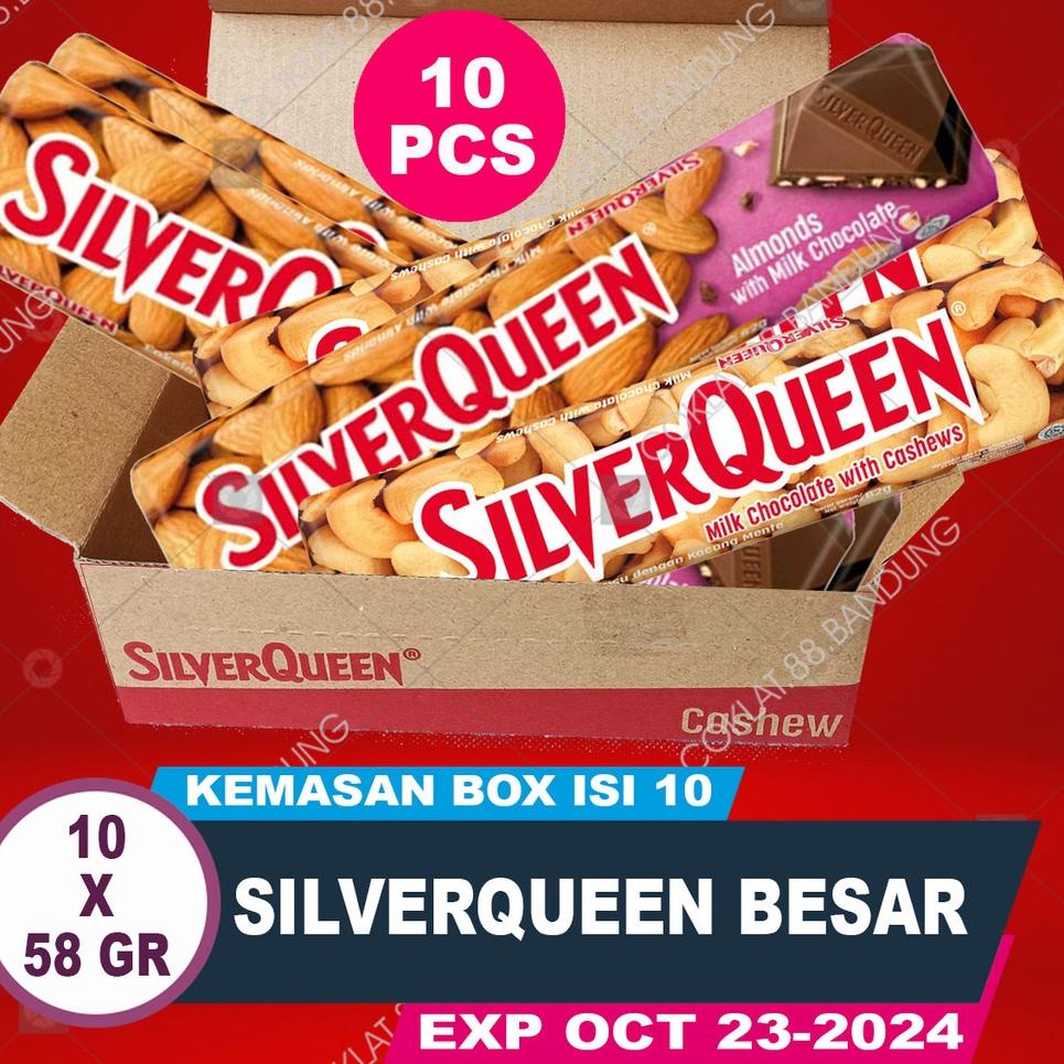 

☂ SILVERQUEEN 58gr 1 Box Isi 10 pcs EX 62 gr Cokelat Besar, Coklat SILVER QUEEN Buy 1 GET 1 10 Batang X 58 gr/gram Milk Chocolate Almond Cashew Mete Fruit Matcha Dark White 58 gram ♞