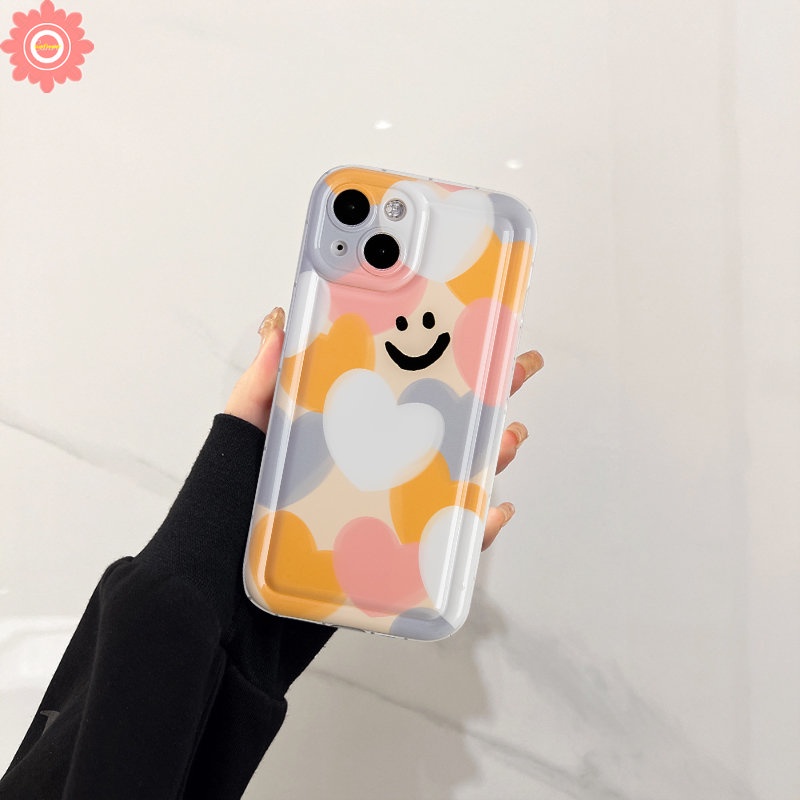 IPHONE Kartun Smiley Case Kompatibel Untuk Iphone11 14 13 12 Pro MAX 6 6S 7 8 Plus XR X XS MAX Warna-Warni Cinta Hati Pelindung Kamera Lembut TPU Silicon Shockproof Airbag Penutup Belakang
