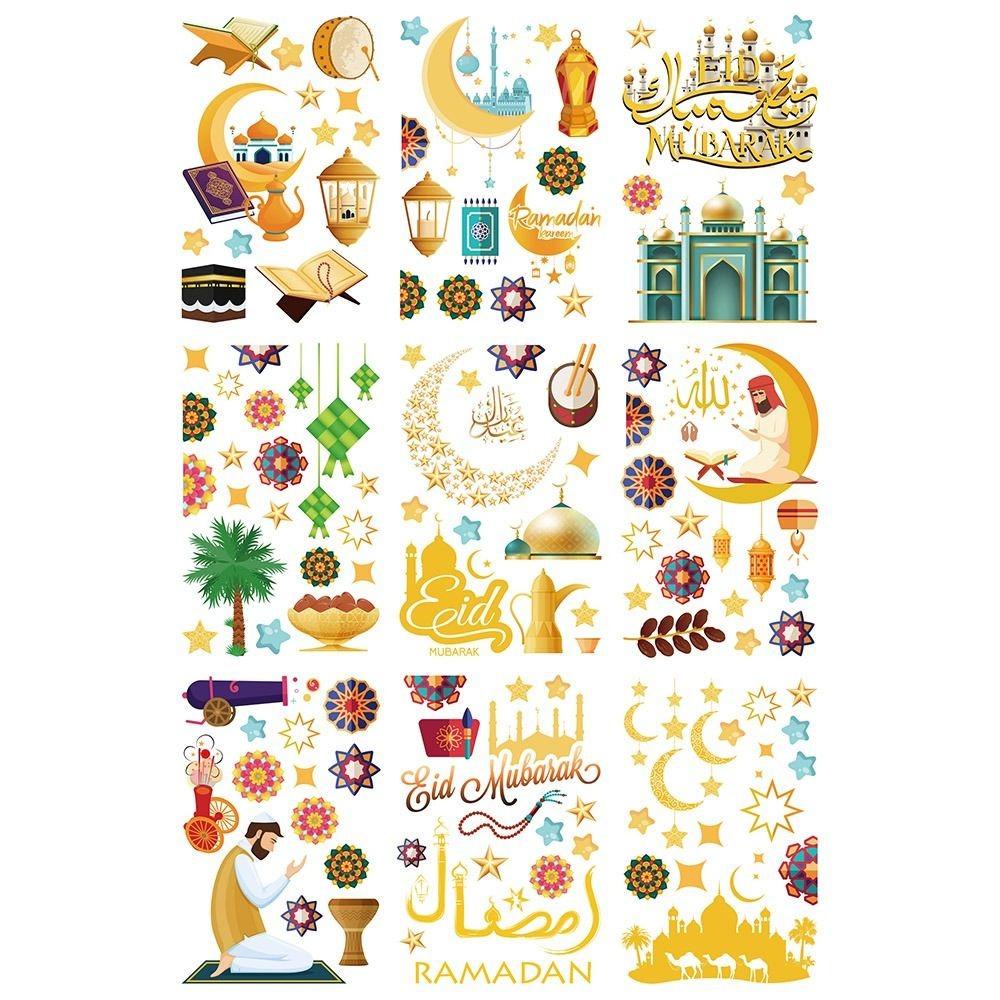 Populer 1set Eid Mubarak Statis Stiker Multicolor Perlengkapan Pesta Festival Islami Jendela Decals