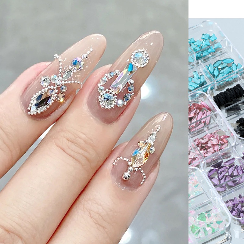 1 Kotak Kantong Berlian Imitasi Bentuk Asimetris Untuk Dekorasi Rhinestones 3D Nail Art DIY