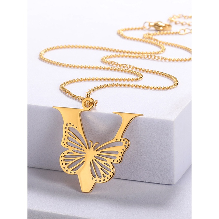 Kalung Huruf Kupu-Kupu Besar Dainty Warna Emas Untuk Wanita Gadis Perhiasan Rantai Stainless Steel Kalung Liontin Inisial
