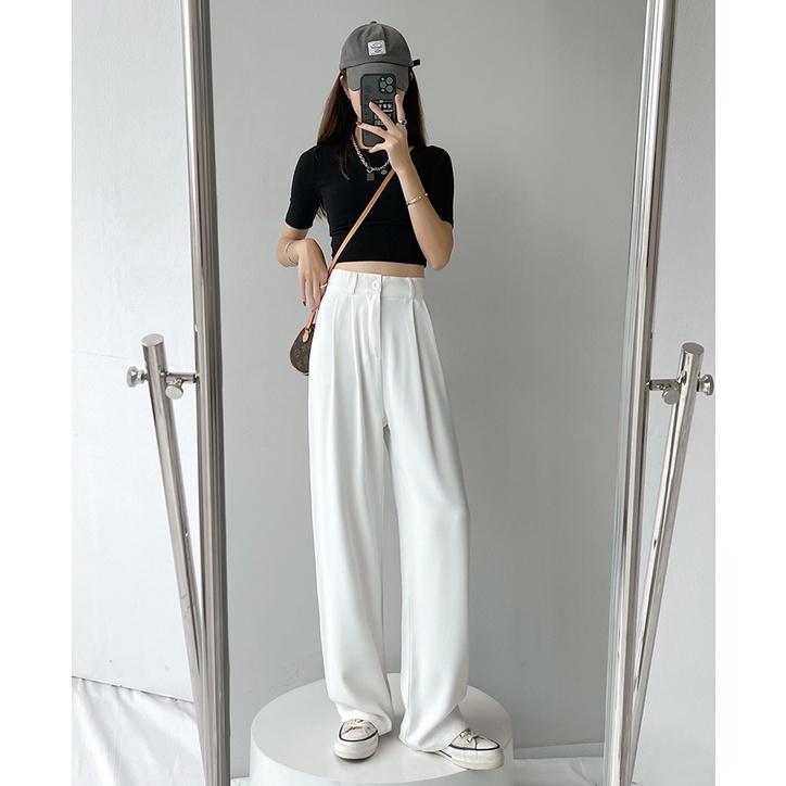 Hitam / Putih kekinian Korean Highwaist Loose Celana Setelan Wanita