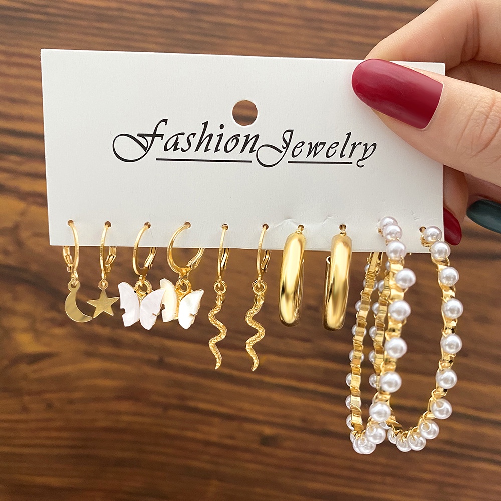 5pcs/set Mode Baru Bintang-Bulan Ular Anting Untuk Perempuan Kreatif Kupu-Kupu Liontin Mutiara Imitasi Hadiah Perhiasan