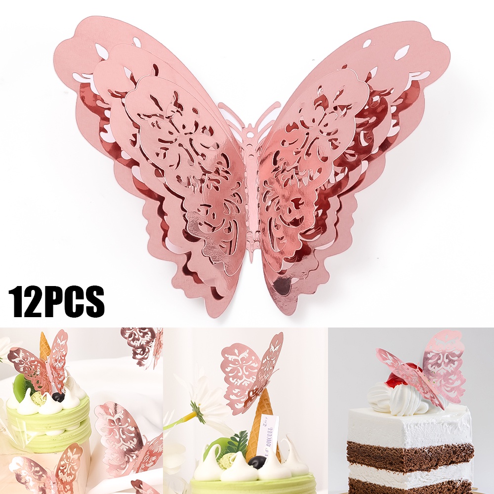 12pcs/set Butterfly Cake Topper 3D Gold Hollow Simulasi Butterfly Untuk Dekorasi Kue Pesta Ulang Tahun Baby Shower Pernikahan