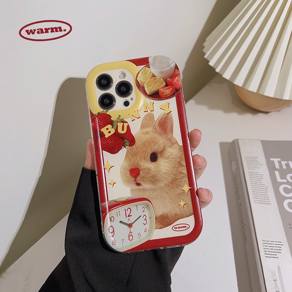 IPHONE Ins Jam Alarm Lucu Strawberry Kelinci Kartun Silikon Case Untuk Iphone14 11 12 13 PRO MAX Casing Cover Pelindung AT0040