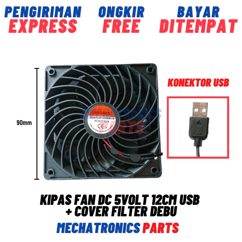 Kipas Fan DC 5Volt 12cm USB +Cover Filter Debu Case PC Router STB