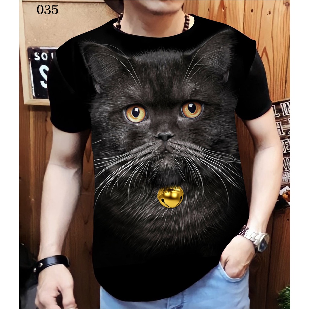Kaos distro pria motif gambar kucing hitam