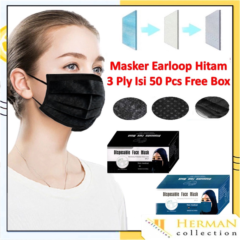 Jual HC Masker Hitam 3Ply Masker Earloop Black 50 Pcs Facemask ...