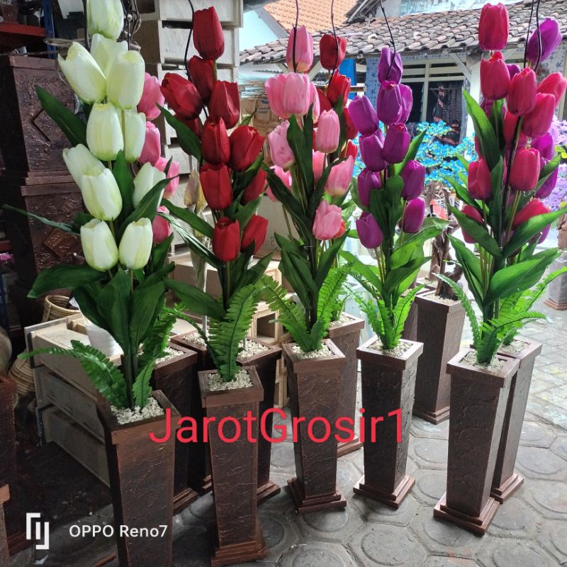 HIASAN SUDUT RUANGAN + POT // BUNGA HIAS TULIP JUMBO 12 KUNTUM // BUNGA HIAS TULIP ARTIFICIAL DEKORA