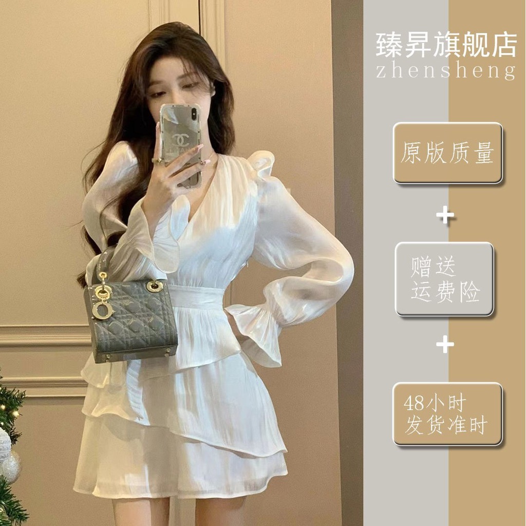 Red Gaya keinginan murni mengkilap gaun pinggang tinggi tidak beraturan wanita musim semi pinggang baru rok lengan engah V-neck pelangsing