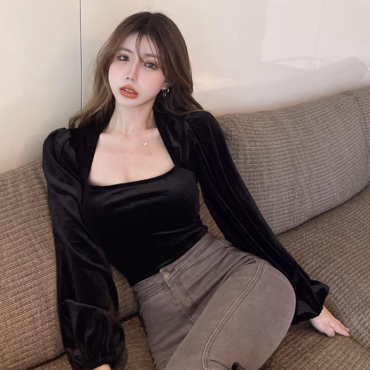 Rekomendasi Korean blouse top square neck velvet (Bludru, Tidak crop) /Blouse  gaya korea long sleev