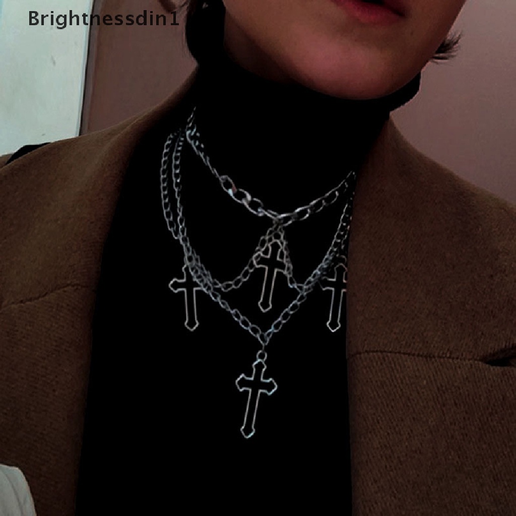 [Brightnessdin1] Goth Berongga Salib Choker Kalung Untuk Wanita Gothic Berlapis Chunky Liontin Kalung Panjang Multilayer Chains Necklace Butik