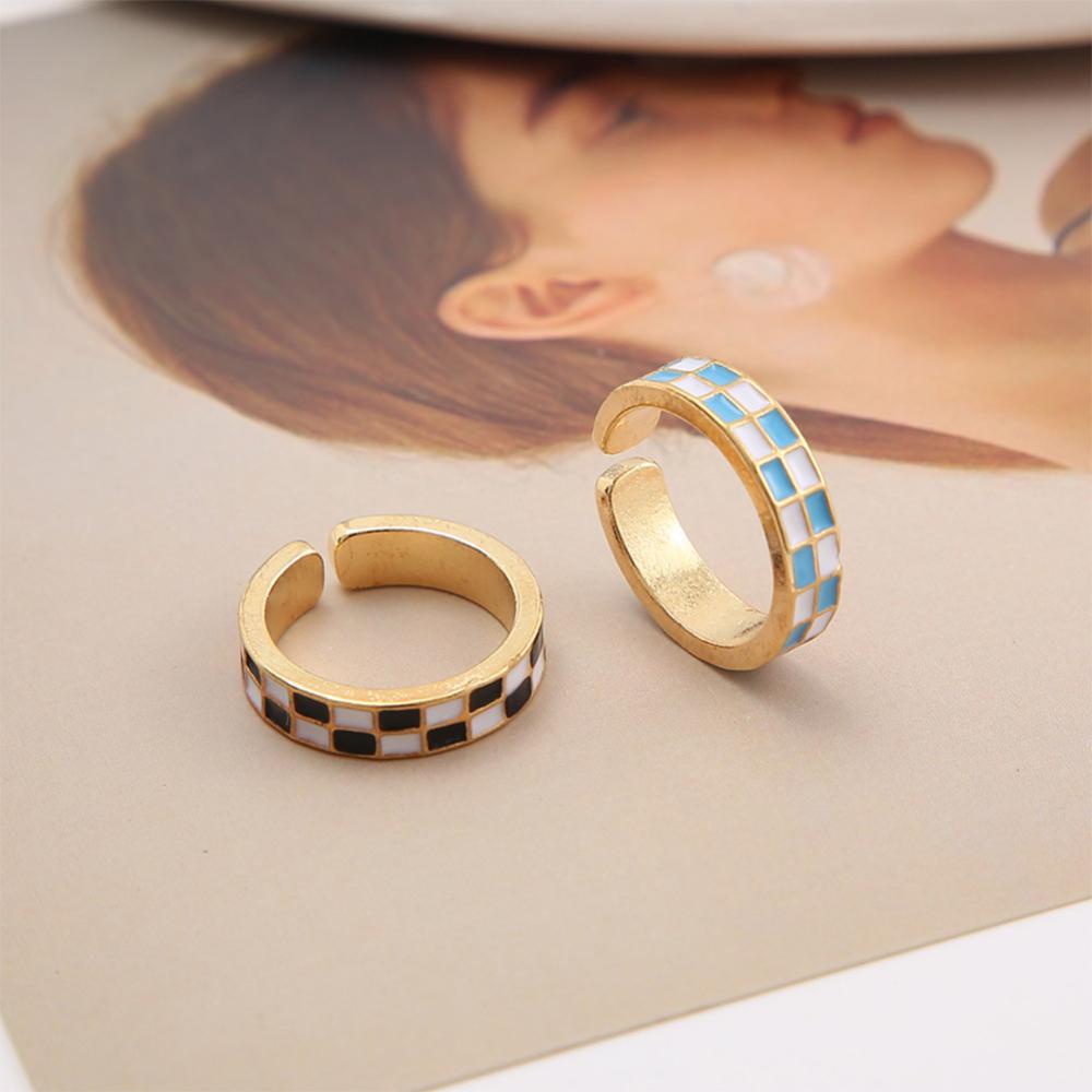 Timekey Retro Niche Checkerboard Cincin Pembukaan Adjustable Alloy Ring Simple Perhiasan Aksesori Untuk Wanita D1E3