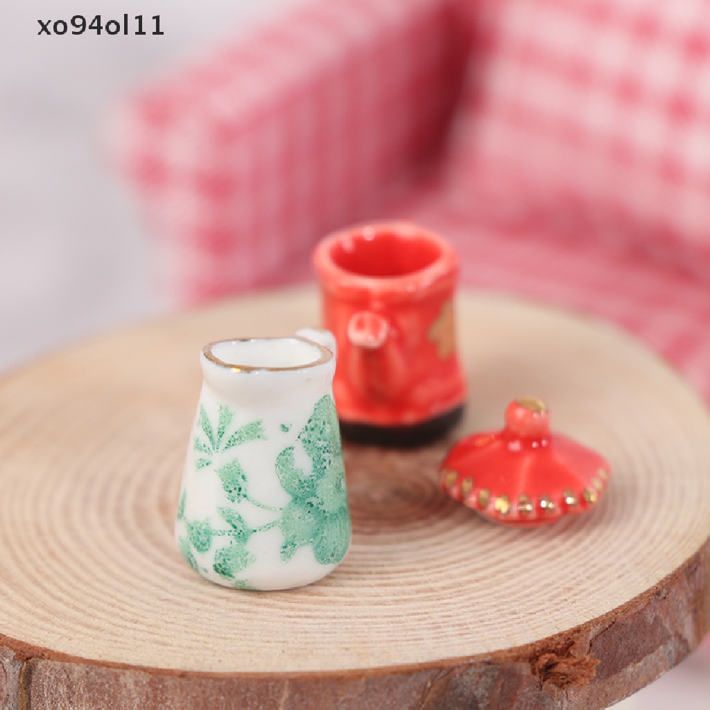 Xo 3pcs/Set Miniatur Rumah Boneka Teko Motif Bunga+Jam Set Furniture Dapur OL