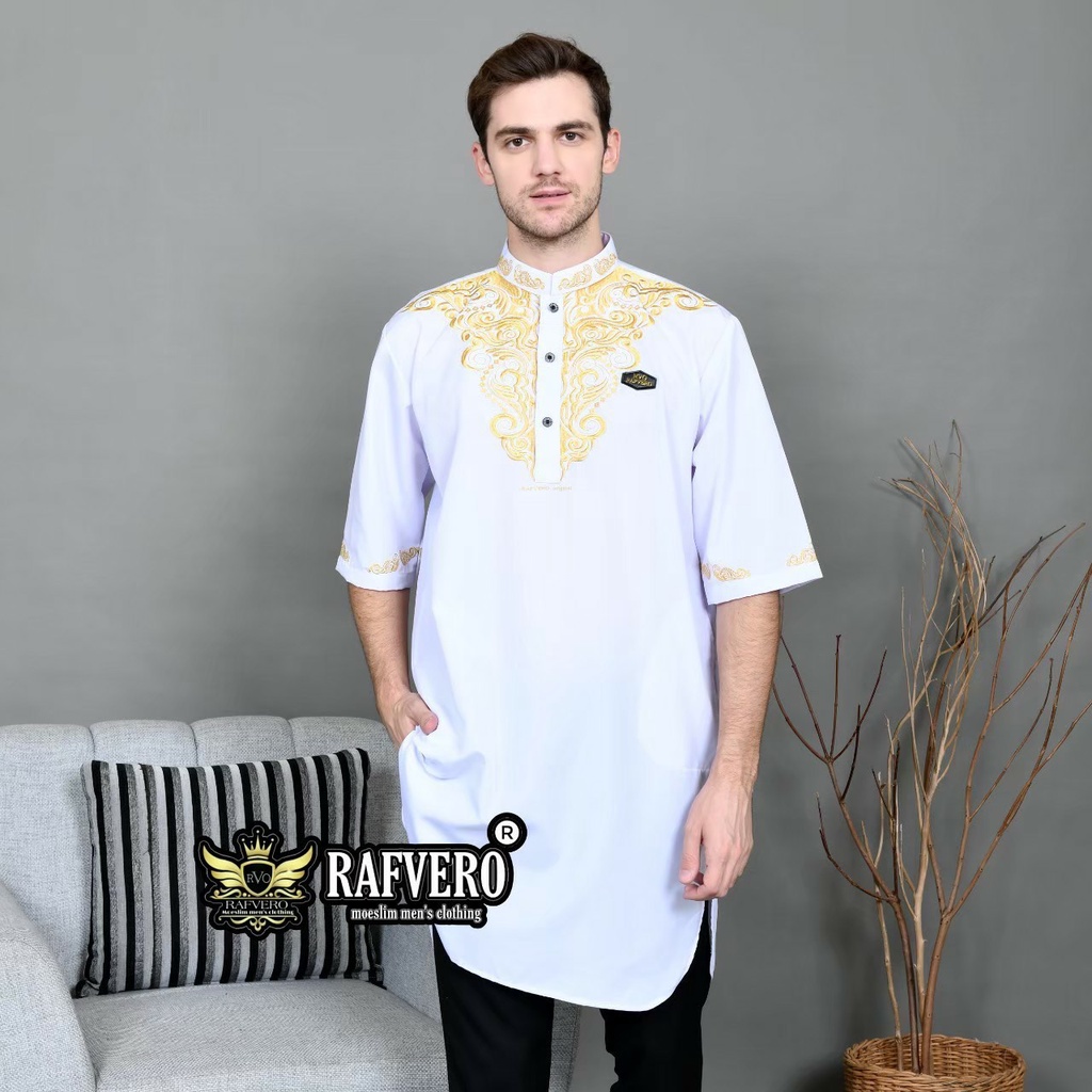 Baju Muslim Koko Pria Qurta Pakistan Bordir Premium Lengan Pendek Brand Rafvero M L XL Bisa COD