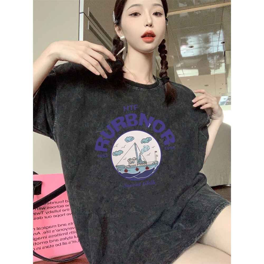 XIAOZHAINV Korean Style Ship Pattern Washed Printing Kaos Wanita