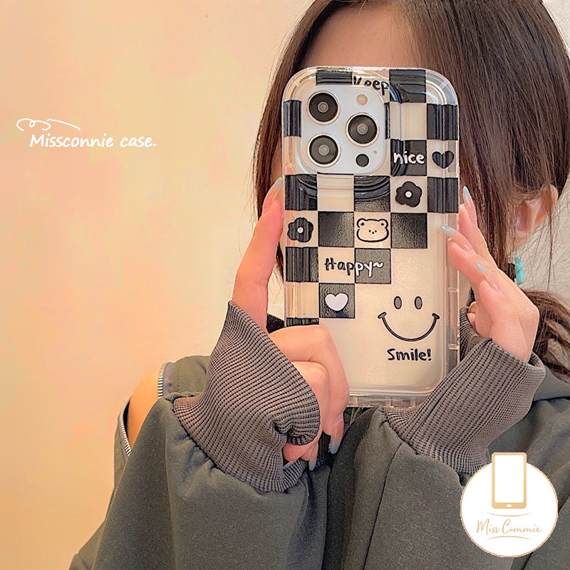 IPHONE Pasangan Kotak-Kotak Smiley Airbag Case Kompatibel Untuk Iphone11 14 13 12 Pro MAX XR 7Plus 8Plus 6 6S Plus X XS MAX SE 2020 Beruang Lucu Lembut Tpu Cinta Hati Ponsel Cover