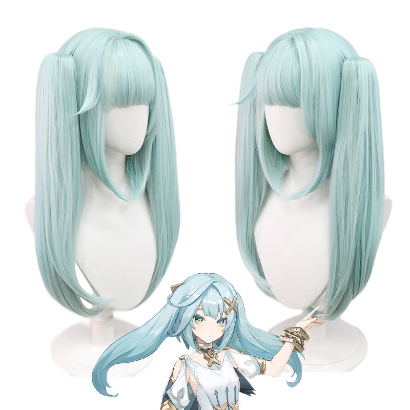 Genshin Karakter Genshin cos Wig Lampu Cyan Tiger Mouth Clip Double Ponytail Simulasi Kulit Kepala cosplay Penutup Kepala Rambut Panjang