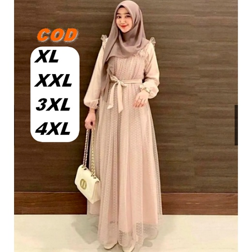 Dress / Gamis Doti Krem Cream Jumbo Lucu Modis Mewah LD 110 120 130 140 XXL XXXL 4XL 3XL 2XL  Kekini