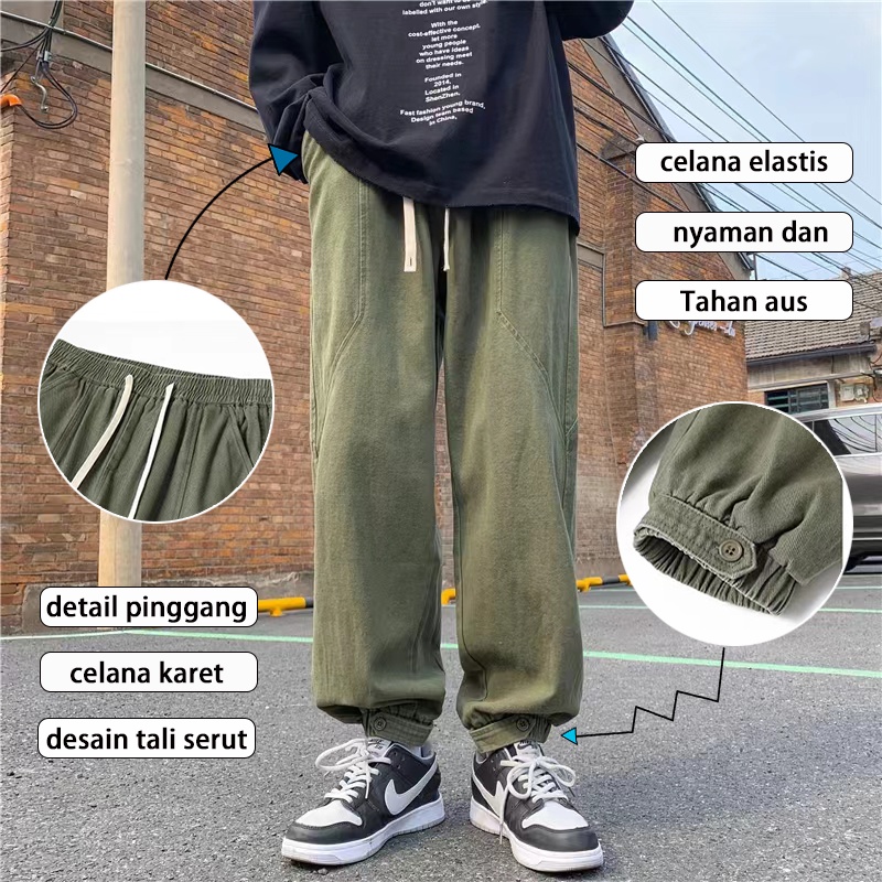 Celana cargo panjang pria korean style cargo pans hijau celana panjang celana panjang cowok loose straight pants celana santai pria oversize celana jogger celana boyfriend celana dasar pria 2023