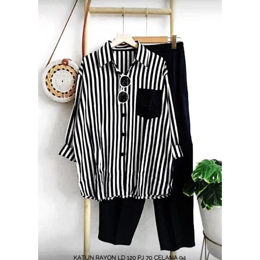 One Set Import Premium Setelan Wanita|Setcel Motif Salur Rayon Premium Import|Setelan Kemeja
