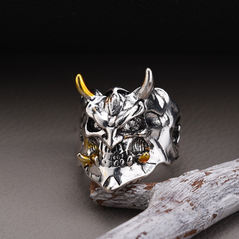 Gothic Devil Topeng Punk Rings/Pria Wanita Vintage Demon Skeleton Face Finger Ring