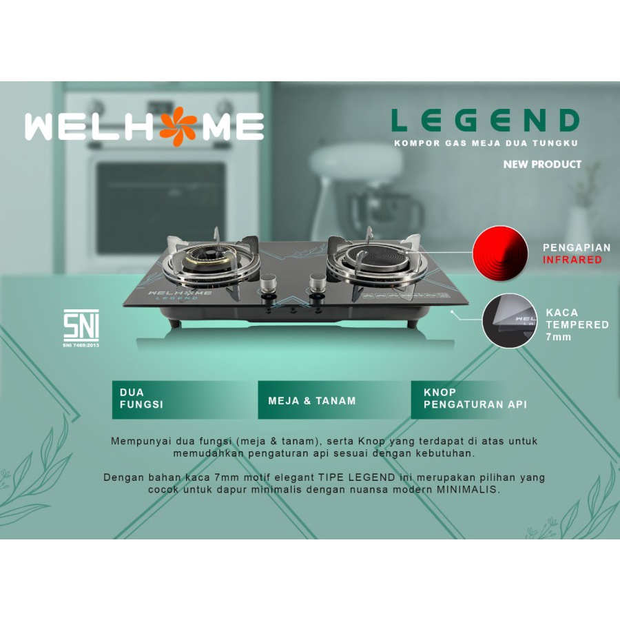 Kompor Gas Tanam WELHOME LEGEND Kompor Kaca 2 Tungku Mix Bara