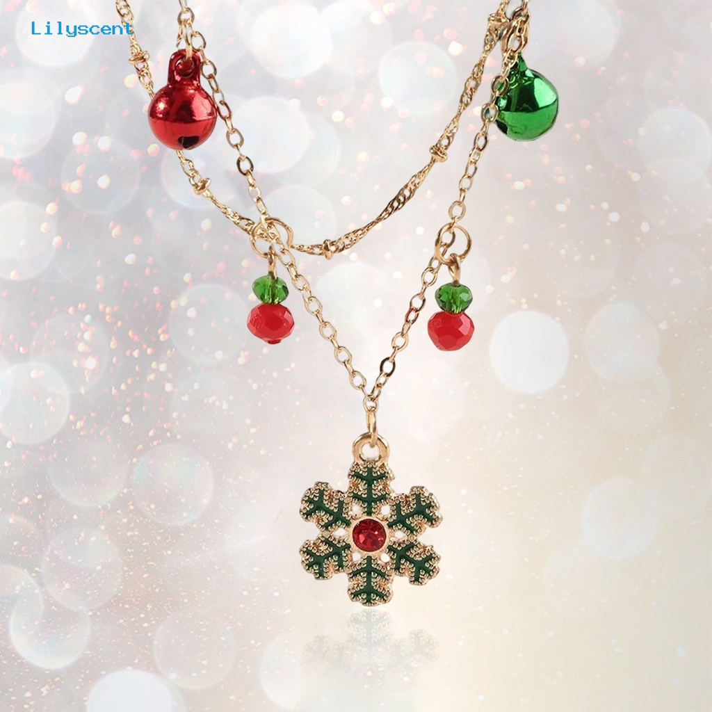 [LS] Wanita Kalung Double Layer Warna-Warni Lonceng Kristal Imitasi Meriah Electroplating Adjustable Dekorasi Hadiah Tahun Baru Natal Snowflake Pendant Rantai Klavikula Perhiasan Pesta