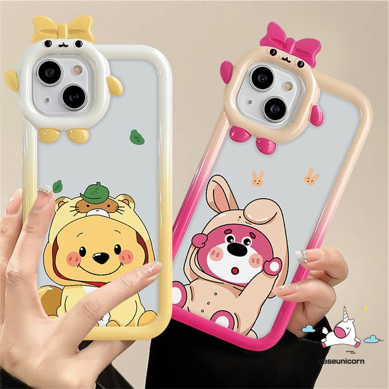 IPHONE Cute 3D Bow-knot Little Monster Lens Case Kompatibel Untuk Iphone11 13 14 12 Pro Max XR 14 8 7 6s 6 Plus XS Max X SE 2020 Kartun Strawberry Bear Manyo Winnie the Pooh Soft Cover