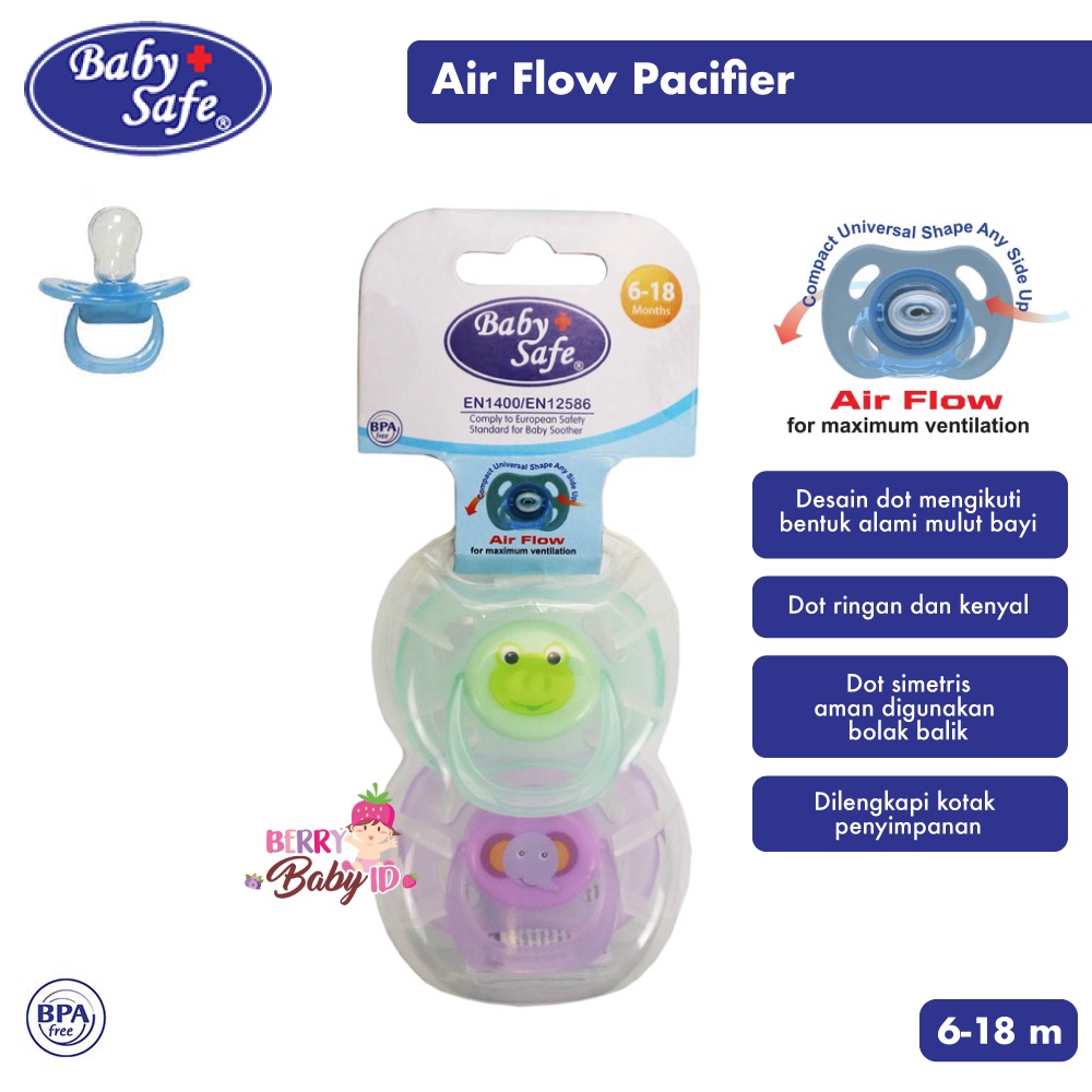 Baby Safe 2 Buah Pacifier Air Flow Empeng Soother Silicone 0-6m 6-18m Berry Mart