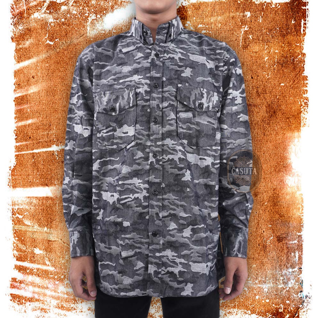 Kemeja Workshirt Army Hitam Loreng | Kemeja Lengan Panjang Pria / Wanita Dewasa | Kemeja Outer Kerja